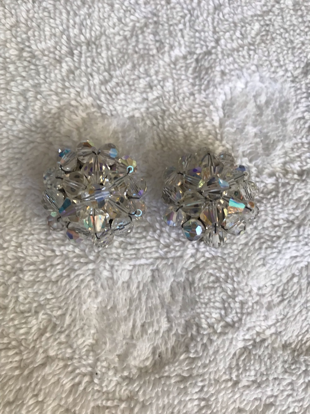 Vintage German Crystal Cluster Clip-On Earrings in Clear Aurora Borealis